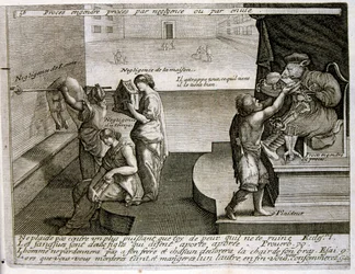 Gravert illustrasjon fra 1600-tallet fra en samling ordtak. Paris 1657–1663. Av Jacques Lagniet (1620–1675). Fransk gravør. Fra ham er det mange samfunnskritiske graveringer og hånlige bilder, som hans til tider groteske og fantastiske illustrasjoner.