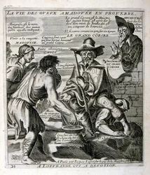 Gravert illustrasjon fra 1600-tallet fra en samling ordtak. Paris 1657–1663. Av Jacques Lagniet (1620–1675). Fransk gravør. Fra ham er det mange samfunnskritiske graveringer og hånlige bilder, som hans til tider groteske og fantastiske illustrasjoner.