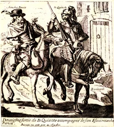 Don Quixote på Rocinante, ledsaget av Sancho Panza på eselet Grison, cirka 1640 (illustrasjon)