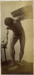 Studie av en mannlig nakenmodell, stående bøyd med sverd og skjold i hendene, i studioet til Jacques de Lalaing