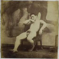 Studie av en mannlig nakenmodell, sittende på en stol, i Jacques de Lalaings atelier