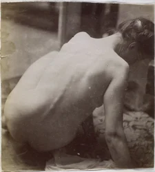 Studie av en kvinnelig nakenmodell, sett fra baksiden, i studioet til Jacques de Lalaing, forstudie for element for en fontene ved Musee des Beaux arts, Tournai og for en sirkulær fontene
