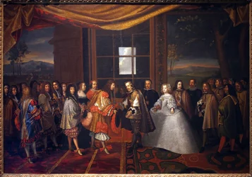 Tretti års krig: "" Intervju av kongen av Frankrike Ludvig XIV (1638-1715) og Filip IV av Spania (1605-1665) på øya Paisans den 7.11.1659"" Spania samtykker i å undertegne traktaten om Pyreneene. Datteren til Philip IV, Marie Therese (Marie-Therese)