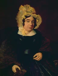 Portrett av Mrs. Edward Cross i en mørk satengkjole med et Paisley-sjal, 1838