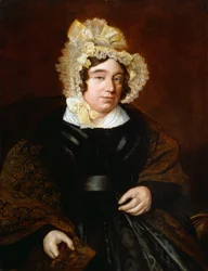 Portrett av Mrs. Edward Cross, sittende halvlangt i en mørk satengkjole med et Paisley-sjal,