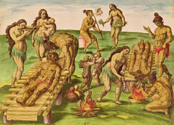 Hvordan indianerne behandler sine syke, fra «Brevis Narratio..», gravert av Theodore de Bry (1528-98), utgitt i Frankfurt, 1591