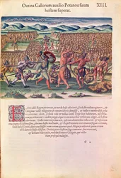 Franskmennene hjelper indianerne i kamp, fra 'Brevis Narratio..', gravert av Theodore de Bry (1528-98) utgitt i Frankfurt, 1591 (se også 111679)