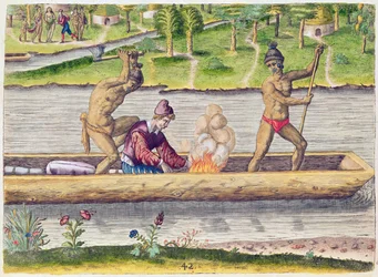 Mordet på en franskmann, fra «Brevis Narratio..», gravert av Theodore de Bry (1528-98), utgitt i Frankfurt, 1591