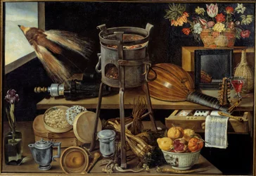 De fem sansene og de fire elementene noen gjenstander bærer våpnene til Richelieu-familien. Stilleben av vin, frukt, blomster, musikkinstrumenter. Maleri av Jacques Linard (1600-1645) 1627 Søn. 1,05x1,53 m