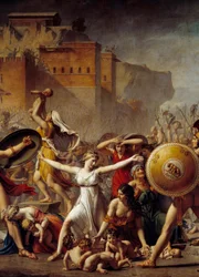 Detalj: "" The Sabines""" mellom deres romerske ektemenn (til høyre) og deres Sabins-brødre (til venstre) og viser dem barna deres - Maleri av Jacques-Louis (Jacques Louis) David (1748-1825)
