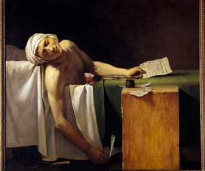 Den franske revolusjon: “Jean Paul Marat (1743-1793) myrdet i badekaret sitt den 13/07/1793”. Maleri av Jérôme Martin Langlois (1779-1838), medlem av Jacques Louis Davids atelier. 19. århundre