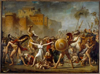 Sabinerne mellom deres romerske ektemenn (til høyre) og deres sabinske brødre (til venstre) og viser dem barna deres - Maleri av Jacques-Louis (Jacques Louis) David (1748-1825)