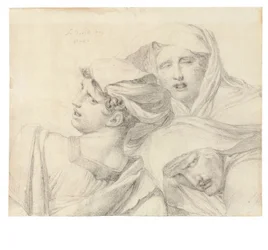 Tre kvinner i klassisk drakt, bystelengde, med pinefulle uttrykk, 1819