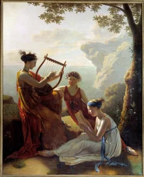 Den greske poeten Sapho (Sappho) spiller lyre og to av hennes ledsagere Maleri av Jacques Louis Grandin (1780-?) 1808 Paris, Musee Marmottan