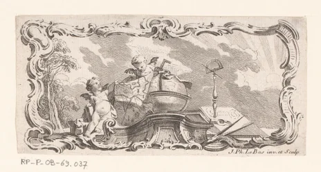 Vignette med to putti med kart, globus og måleinstrumenter