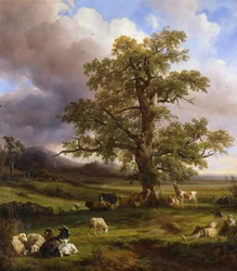 Dyr som hviler rundt et stort eiketre, 1842
