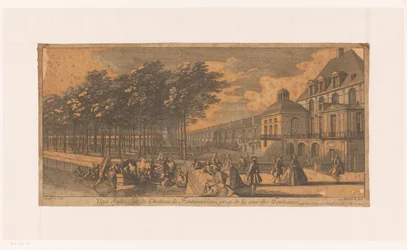 Se på en vei ved Cour de la Fontaine av kasteel Fontainebleau Utsikt over en fløy av Château Fontainebleau, hentet fra Cour des Fontaines (tittel på objekt)