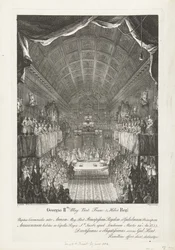 Huwelijk van Willem IV møtte prinsesse Anna, 1734 George II Mag: Brit: Franc: & Hiber. Kongens bryllupsseremoni mellom Anna (...) og William (...) Tirsdag 14.: Ano: 1733 (...) (tittel på objekt)