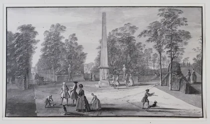 Den store obelisken, nær den sørvestlige inngangen til Lord Burlingtons Chiswick Villa (penn og blekk med vask på papir)