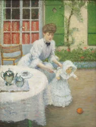 Mor med en jente som leker med en ball 1906