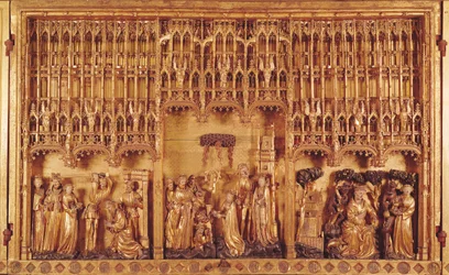 Altertavle av hellige og martyrer, midtpanel halshuggingen av døperen Johannes, martyrskapet til St. Katarina av Alexandria og St. Barbara og fristelsen til St. Antonius, ca. 1391 (forgylt wo