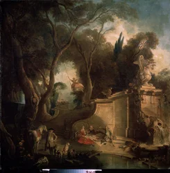""Rest after the Hunt" (Rest after the Hunt) Gleden av adelen etter jaktfesten, en kvinne på en huske, en piknikscene (piknik) landsbygda. Maleri av Jacques de Lajoue (1686-1761) 1730 Pushkin-museet, Moskva