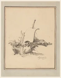 Tegning, design for et nøkkelskilt i form av båt med seil, for Recueil Nouveau de Differens Cartouches, 1734