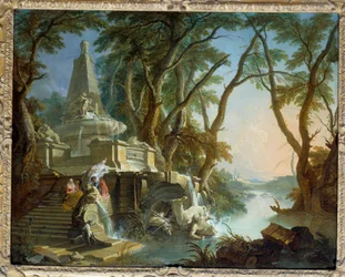 Landskap komponerer eller "" elven"" Pyramideformet fontene med statue av Neptun ødelagt. Maleri av Jacques de Lajoue (1686-1761) 1700-tallets søn. 0,81 x 1,01 m