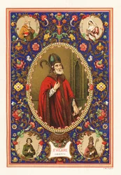 Portrett av Saint Hilary, biskop av Poitiers, med gjæring og krok, innenfor dekorativ kant av løvverk
