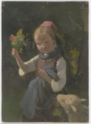 Bondejente med blomsterbukett, fra høyre en sau