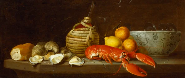 Brød, østers, en Chianti-kolbe, en hummer, sitroner, appelsiner og glass i en porselensskål på en avsats