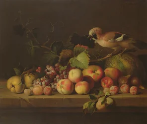 Stilleben med frukt, en nøtteskrike og en papegøye