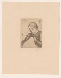 Portrett av Malvina Dedeyn med håndverk Syersken (tittel på objekt)