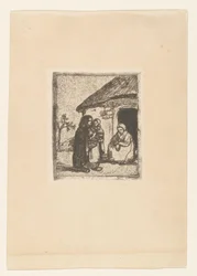 To kvinner og barn foran et hus Lille tiggerkvinne (originaltittel)