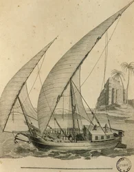 Seilbåt fra Nubia, Egypt, gravering fra Cartes et figures du Voyage en Nubia et en Abyssinia, James Bruce