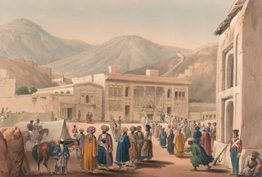 'The Durbar-Khaneh of Shah Shoojah-ool-Moolk, at Cabaul [sic]', ca. 1840 (litografi, tonet)