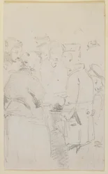 En gruppe figurer rundt en brazier, 1858.