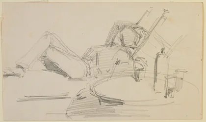 En mann lenende på en seng, 1858.