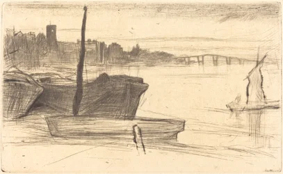 Chelsea Bridge og kirke, ca. 18701871.