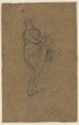 Stående kvinne som holder opp kjolen sin verso, ca. 1872.