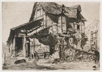 Den usikre leiegården. En av de tolv etsningene fra naturen The French Set, 1858.