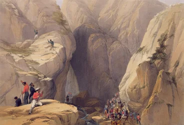 Inngang til Kojak-passet fra Parush, fra 'Sketches in Afghaunistan', gravert av Charles Haghe (1810-88) og Louis Haghe (1806-85), utgitt av Henry Graves, 1842
