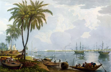 En utsikt over Calcutta, fra et punkt motsatt av Kidderpore, 1837, gravert av Robert Havell den yngre (1793-1878) (akvatint)