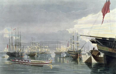 En utsikt over elven, skipsfarten og byen Calcutta, fra nær Smiths Dock, 1837, gravert av Robert Havell den yngre (1793-1878) (akvatint)