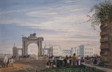 Utsikt over regjeringshuset, fra øst, Calcutta, ca. 1820 (akvarell)