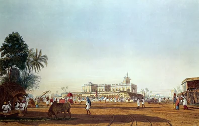 Lall Bazaar og det portugisiske kapellet, Calcutta, gravert av Robert Havell, pub. 1824
