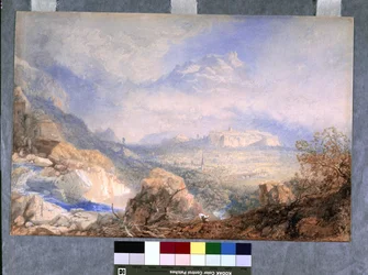 Rhônedalen med byen og citadellet i Sion, i Sveits (akvarell og gouache på off-white papir)