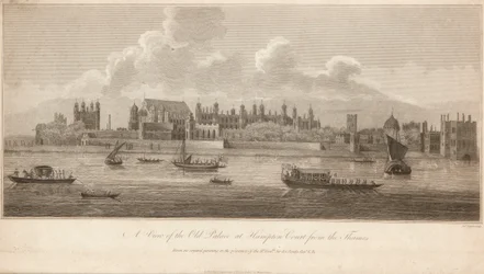 En utsikt over det gamle palasset i Hampton Court fra Themsen