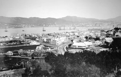 Lambton Harbor og Queens Wharf, Wellington, New Zealand, 1870