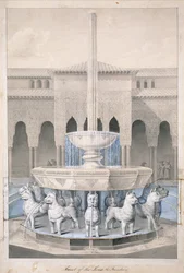 Fountain in the Court of the Lions, Alhambra, fra The Arabian Antiquities of Spain, utgitt 1815 (håndfarget gravering)